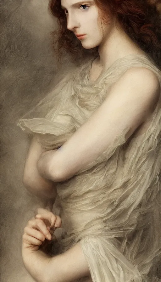 Prompt: An extremely beautiful pre-raphaelite ornate portrait of a young attractive woman with a beautiful bone structure, professionally painted digital art illustration, smooth, sharp focus, atmospheric lighting, highly detailed illustration highlights, golden ratio, extremely detailed winning award masterpiece, 8K post-processing