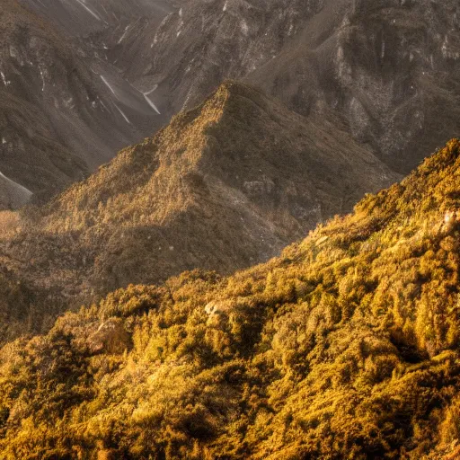 Prompt: a photo of tall lush mountains, award winning, 4k, hyper realistic,