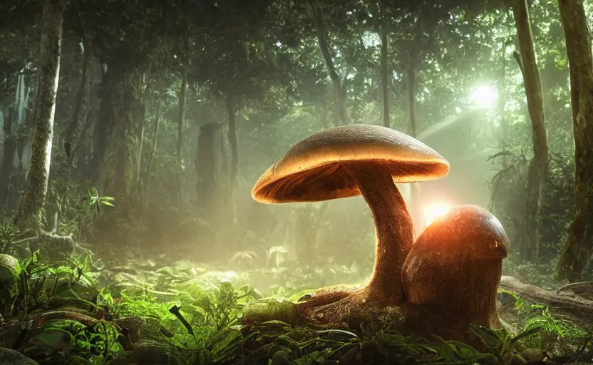Image similar to a beautiful render of a mushroom growing out of a human a skull in a rainforest, sunset lighting, intricate detail, hazy, humid, volumetric lighting, god rays, 8 k, photorealistic, raytracing effects, unreal engine 5