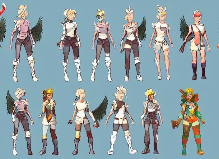 Prompt: character design sheet illustrated by Sam Werczler , fortnite game , a female with wings ,angels from heaven, suit