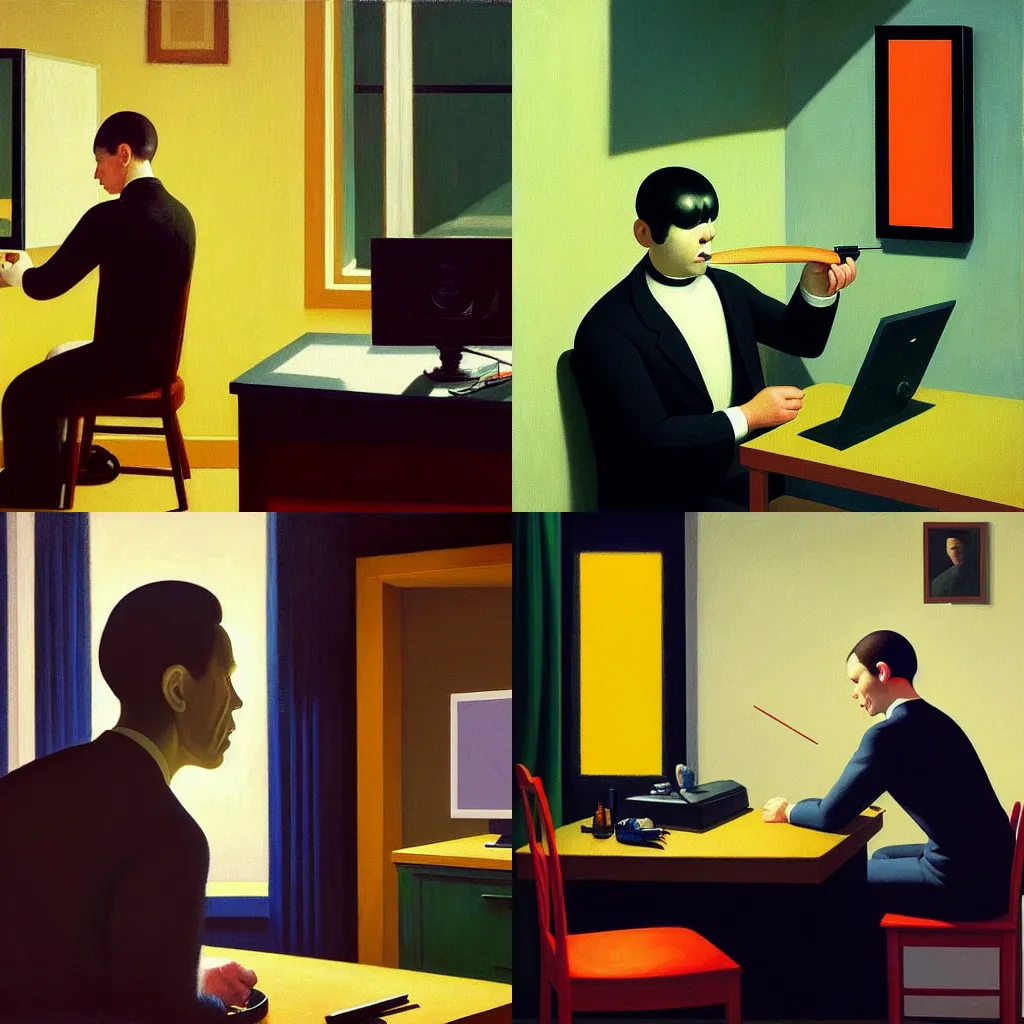 Prompt: an award - winning masterpiece painting of a man getting ready to murder in front of a personal computer, by joan cornella, by greg rutkowski, by edward hopper, dark comedy, humor, satire, trending on artstation, featured on pixiv, cinematic composition, beautiful lighting, detailed, hd,