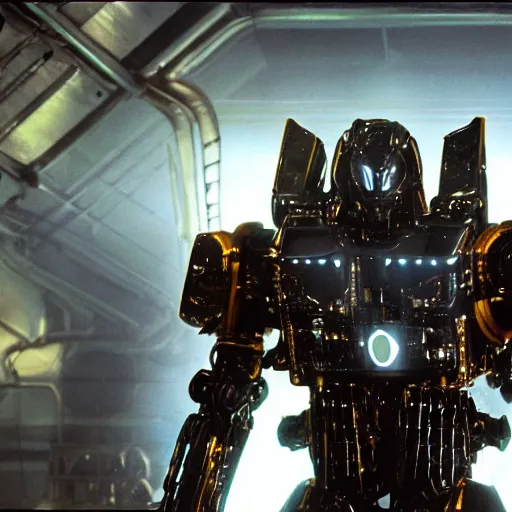 Prompt: humanoid alien wearing glossy black armor shiny big cumbersome mecha mech armor, yellow detailing dramatic harsh lighting, still from real steel (2011). Dark intimidating cyberpunk 2077 armor style of Roger Deakins Jeremy Saulnier Newton Thomas Sigel Robert Elswit Greig Fraser trending dark hallway rtx on ue4 35mm Kodak Vision 2383 gritty atmospheric Bladerunner 2049