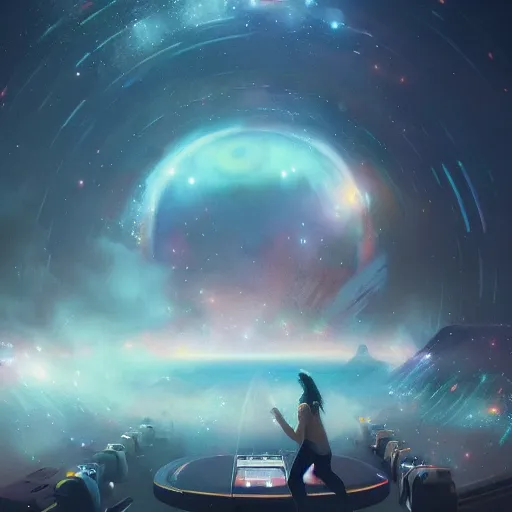 Prompt: Djing in front of the universe, digital art, trending on artstation, by Greg Rutkowski, 4K