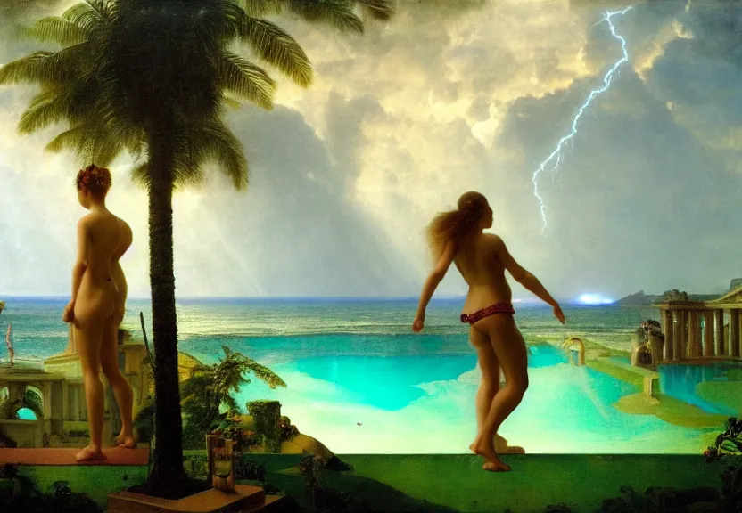 Image similar to Girl at the palace, refracted sparkles, thunderstorm, greek pool, beach and Tropical vegetation on the background major arcana sky, by paul delaroche, hyperrealistic 4k uhd, award-winning, very very very detailed