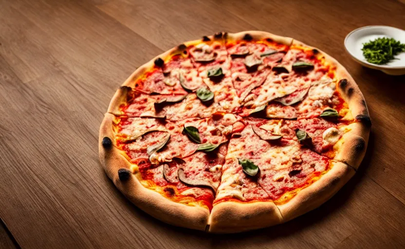 Image similar to a pizza on wooden table, natural light, cinematic lighting, 8 k