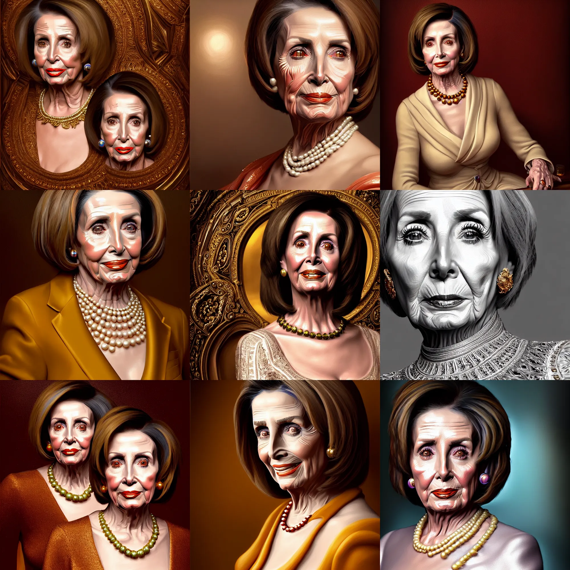 Prompt: epic professional symmetrical digital art of nancy pelosi, accent lighting, painted, intricate, detailed, cheery, fun, effervescent, by roberto ferri, epic, stunning, gorgeous, much wow, much detail, cinematic, masterpiece, unreal engine render