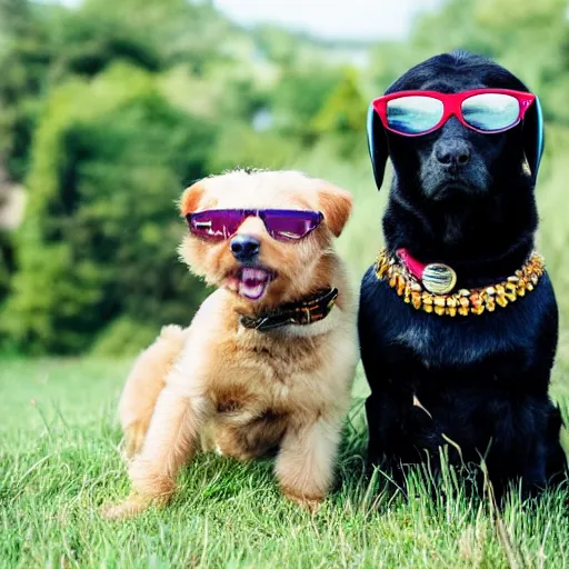 Prompt: A high quality professional photograph of a black labrador and a blond Norfolk terrier both wearing cool clothes and sunglasses