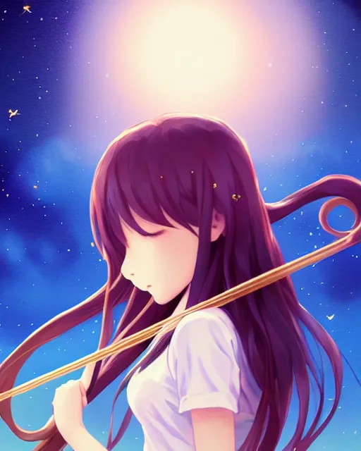 Prompt: teen, cute, melancholy, full body, cat girl, white skin, golden long wavy hair, holding a violin and playing a song, stunning art style, filters applied, lunar time, night sky, trending art, sharp focus, centered, landscape shot, fate zero, simple background, studio ghibly makoto shinkai yuji yamaguchi, by wlop