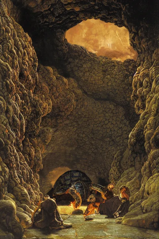 Prompt: a huge tortoise in a volcanic lava cave by lawrence alma tadema and rick berry and norman rockwell and jason fabok and greg staples and nc wyeth