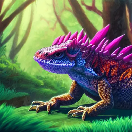 Image similar to concept art painting of an anthropomorphic bearded dragon anthro wearing magenta wizard robes, in the deep forest, realistic, detailed, cel shaded, in the style of makoto shinkai and greg rutkowski and james gurney