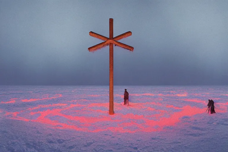 Image similar to a cross set ablaze on a snow covered field, surreal frozen landscape, painting by beeple and zdzisław beksinski, a matte painting by li shida, cgsociety, context art, redshift, matte painting, reimagined by industrial light and magic