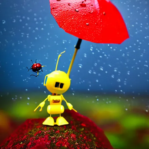 Image similar to a cute tiny robot holds a big flower up like an umbrella, a ladybug is beside the robot, raining, award winning macro photography, kodachrome, dramatic lighting