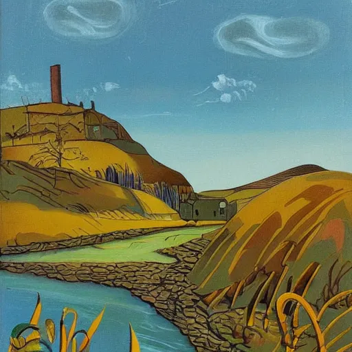 Image similar to The print is of a small village with a river running through it. In the distance, there are mountains. The sky is clear and the sun is shining. dada by Mab Graves, by Rafael Zabaleta funereal, turbulent