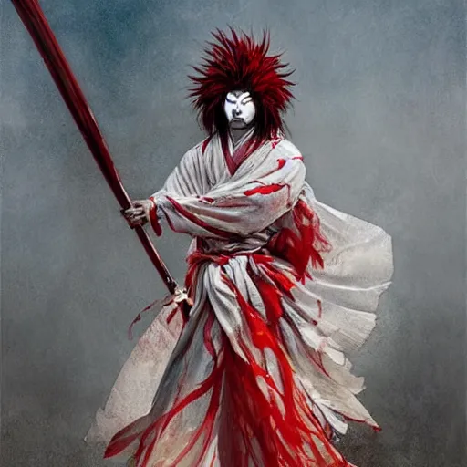 Prompt: an epic portrait of insane kabuki male wielding a spear covered in a distorting aura, intricate hakama, poofy red wig, eerie, highly detailed, dark fantasy, shallow depth of field, art by artgerm and greg rutkowski
