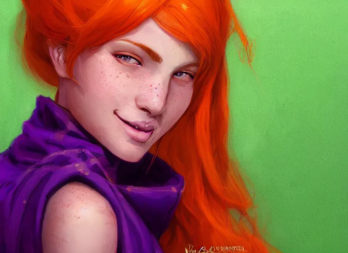Image similar to portrait of a beautiful smiling girl with orange hair and freckles, green eyes, highly detailed, digital painting, concept art, smooth, sharp, focus, background is purple, artstation, style by Janice Sung