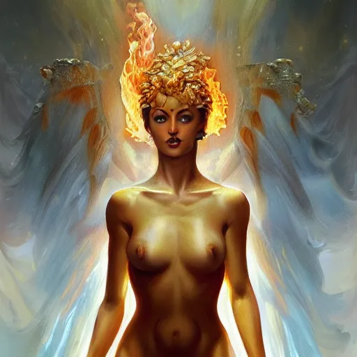 Image similar to A beautiful painting of a goddess with flames as her body by Jim Burns, 8K, ultra-detailed , Trending on artstation.