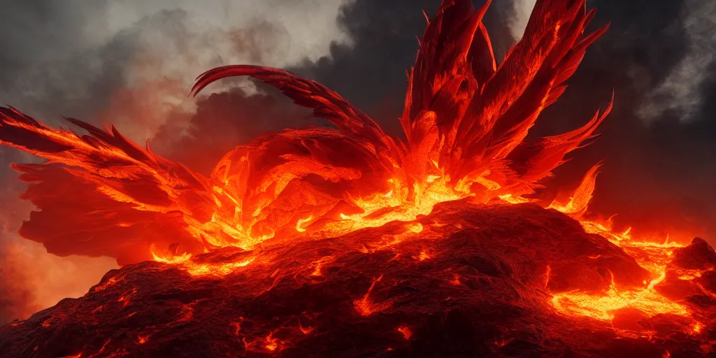 Image similar to a fiery phoenix hatching from an erupting volcano, octane render, epic lighting, hyperrealistic, cinematic, digital painting