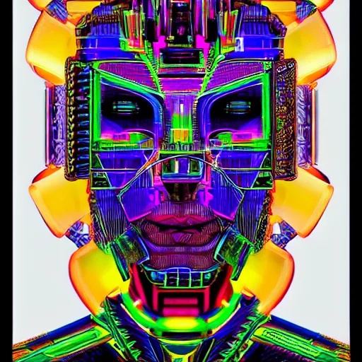 Image similar to hyperdetailed portrait of a cyberpunk aztec futurism robot head, 8 k, symetrical, trippy flourescent colors, halluzinogenic, tshirt art, black background