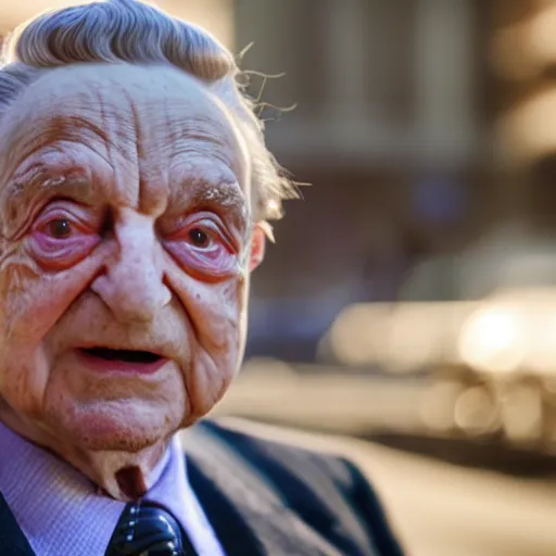 Image similar to Portrait of George Soros looking evil, splash art, movie still, cinematic lighting, dramatic, octane render, long lens, shallow depth of field, bokeh, anamorphic lens flare, 8k, hyper detailed, 35mm film grain