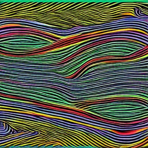 Image similar to by trish mistric rhythmic, improvisational. a river scene. the river is represented by a line winding through the center of the digital art. the banks of the river are represented by two lines, one on each side.