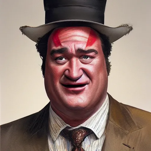 Image similar to UHD hyperrealism painting of Jim Belushi as Dapper Dan, by Antonio Caparo and Todd McFarlane and Greg Rutkowski, UHD, photorealistic, trending on artstation, trending on deviantart, correct face, realistic clown makeup