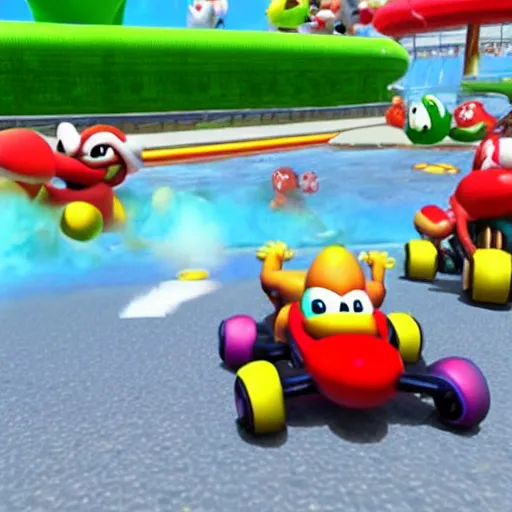 Prompt: Crabs dancing in the Mario Kart scenario