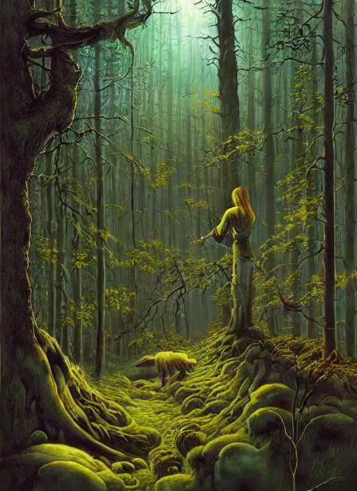 Image similar to hyper realistic witch modem with mood lighting and tech in the woods gorgeous lighting, blue sky, highly detailed, lush forest foliage painting by zdzisław beksinski and norman rockwell and greg rutkowskiweta studio, and lucasfilm