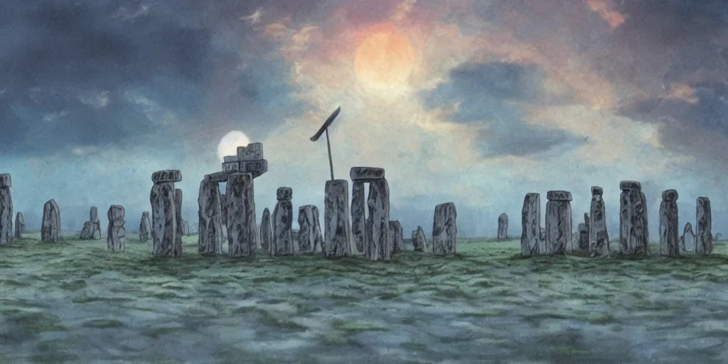 Prompt: a realistic cell - shaded concept art from howl's moving castle ( 2 0 0 4 ) of a huge cube from close encounters of the third kind ( 1 9 7 7 ) hovering over a flooded stonehenge. it is a misty starry night. very dull colors, hd, 4 k, hq