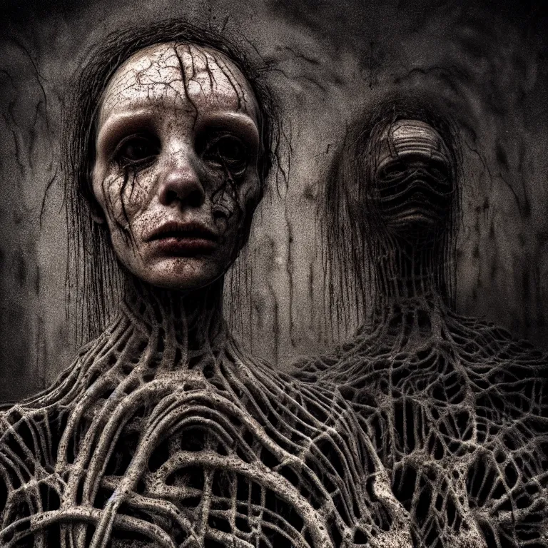 Image similar to ribbed abandoned face portrait, baroque painting, standing in a desolate empty wasteland, creepy, nightmare, dream-like heavy atmosphere, surreal abandoned buildings, beautiful detailed intricate insanely detailed octane render trending on Artstation, 8K artistic photography, photorealistic, chiaroscuro, Raphael, Caravaggio, Beksinski, Giger