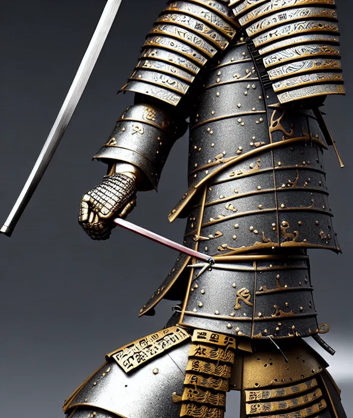 Prompt: detailed photorealistic ancient japanese samurai warrior soldier with traditional japanese engravings and ornamentation on armour and weapons, and shining metallic 3 d surfaces, japanese calligraphy, wide angle, 3 d
