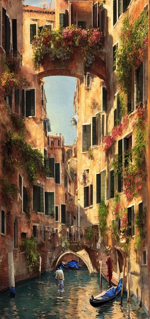 Prompt: Within a pathway in the Venice Italy Canals, beautiful raking sunlight, apartments with colourful balconies, flowers, laundry hanging, bridges, gondolas, golden hour, by Craig Mullins, arstation, concept art