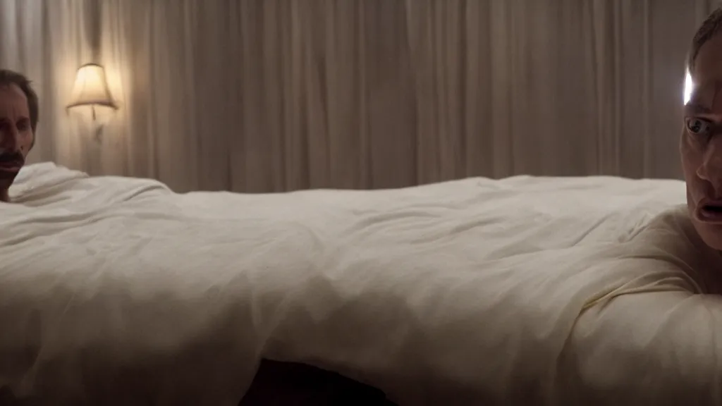 Prompt: the strange creature in the bed, film still from the movie directed by denis villeneuve and david cronenberg with art direction by wayne barlow