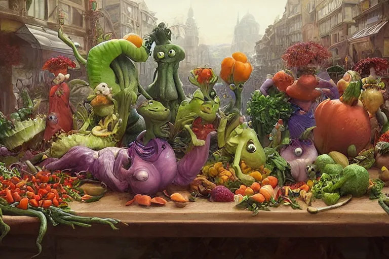 Image similar to vegetable creatures parade on a cutting board in the kitchen, digital art, realistic, pixar style, highly detailed, cinematic, matte painting, vivid colors, realistic, epic lighting, by greg rutkowski and artgerm and alphonse mucha