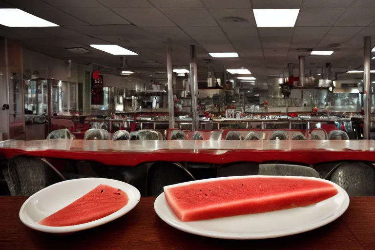 Image similar to 2 0 1 2 watermelon new jersey diner, tables repeat endlessly into the horizon, fruitcore, one point perspective, americana photographer