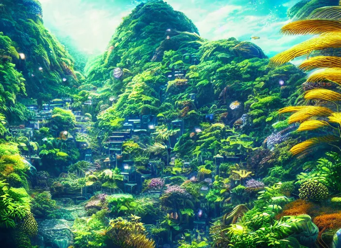 Image similar to lush foliage japanese favela, underwater environment, borealis, scenery, professional, award - winning, trending on artstation, hyper detailed, realistic, beautiful, emotional, shiny, golden, picture