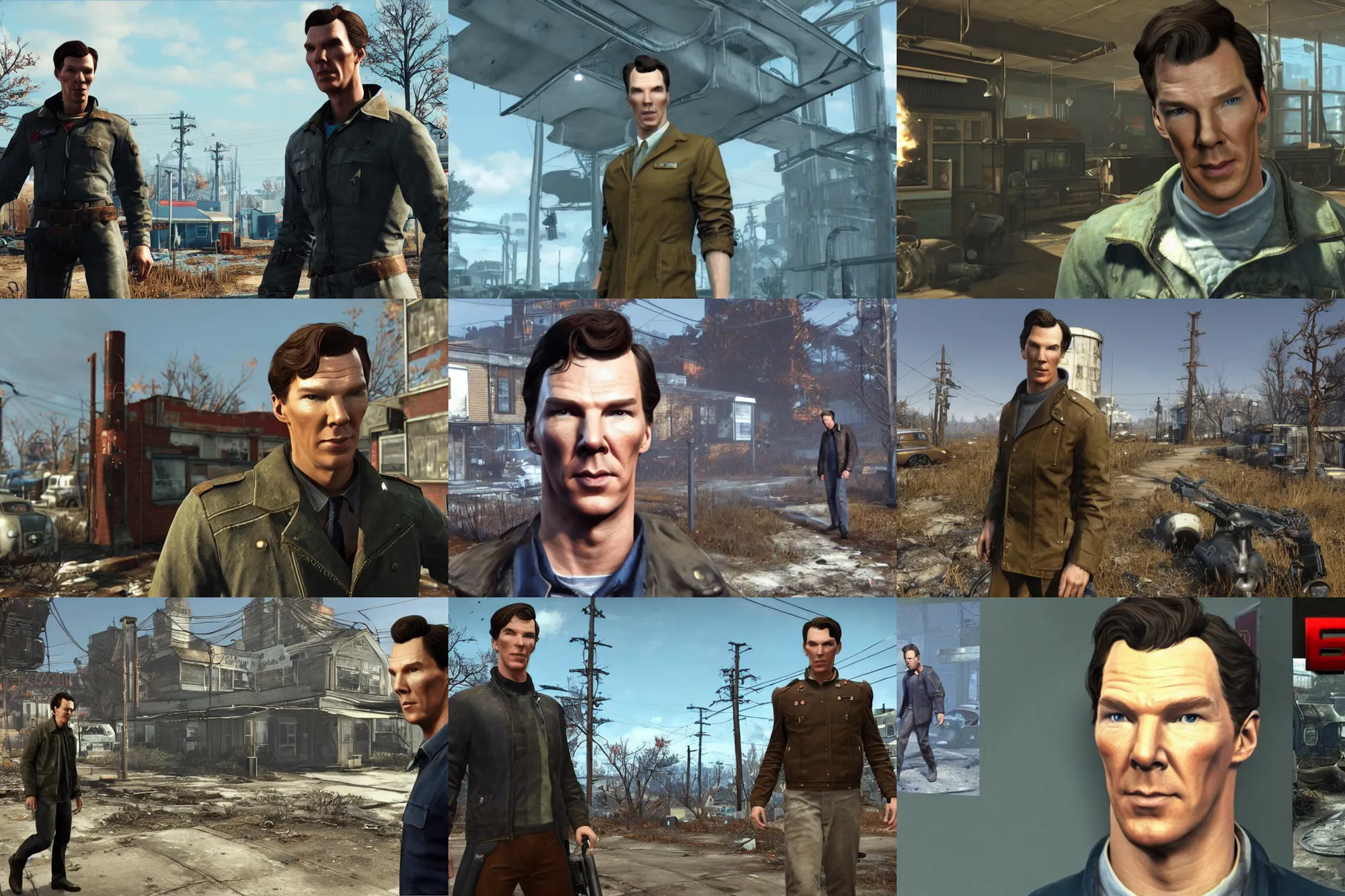 Prompt: a screenshot of benedict cumberbatch in the video game fallout 4. 3 d rendering. unreal engine. amazing likeness. very detailed. cartoon caricature.
