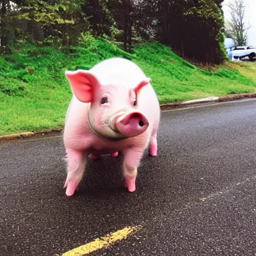 Prompt: photograph of a cute pig walking upright wearing a green dinosaur raincoat