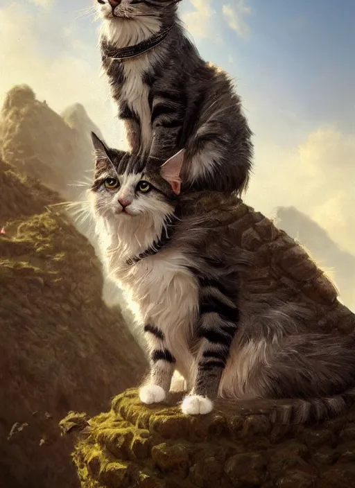 Image similar to Portrait of scruffy haired cat on a tall mountain sitting on a turtle, realistic, detailed, 4k by Greg Rutkowski Mark Arian trending on artstation