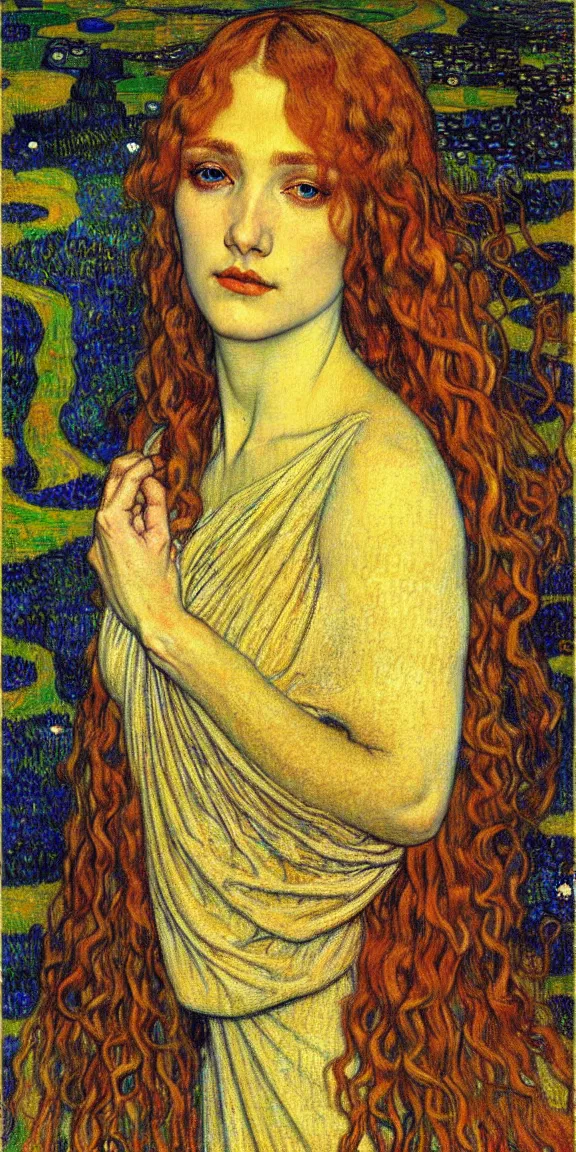 Image similar to detailed realistic beautiful young medieval queen face portrait by jean delville, gustav klimt and vincent van gogh, art nouveau, symbolist, visionary, gothic, pre - raphaelite, muted earthy colors, desaturated