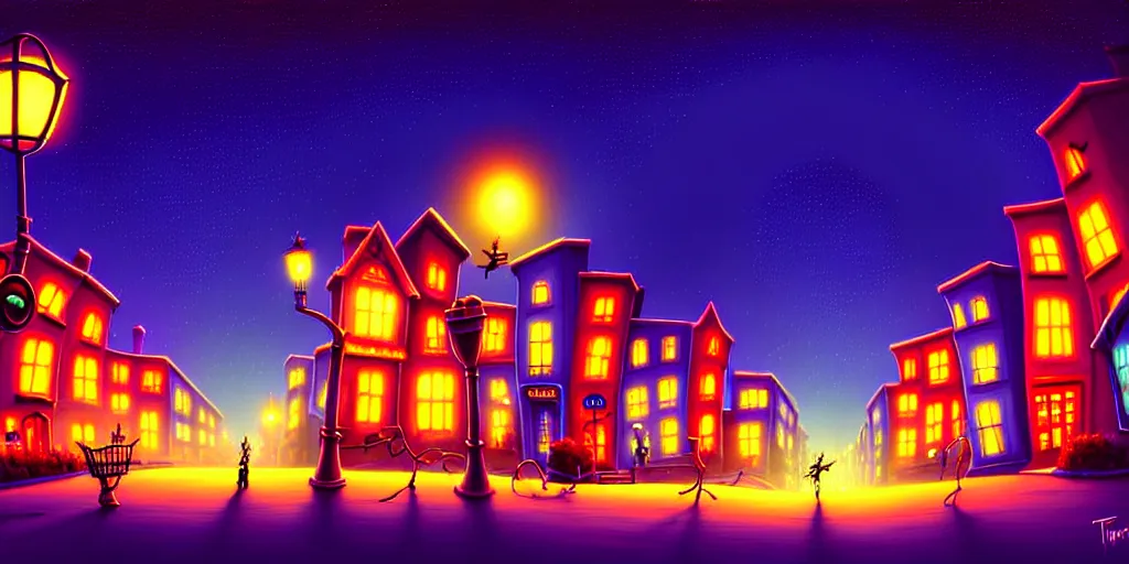 Image similar to curved perspective digital art of a summer night small town street from tim burtons nightmare before christmas by petros afshar