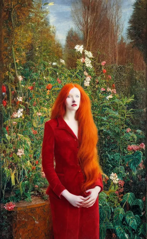 Image similar to portrait of a woman with long red hair, very beautiful style, the girl standing, in a gold suit, photorealism, against a winter garden, vanya comoretti,