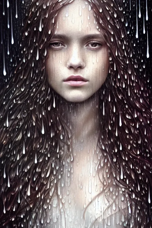 Image similar to portrait of a girl in the rain with wet hair and face, fantasy, intricate, elegant, dramatic lighting, emotionally evoking symbolic metaphor, highly detailed, lifelike, photorealistic, digital painting, artstation, concept art, smooth, sharp focus, illustration, art by John Collier and Albert Aublet and Krenz Cushart and Artem Demura and Alphonse Mucha