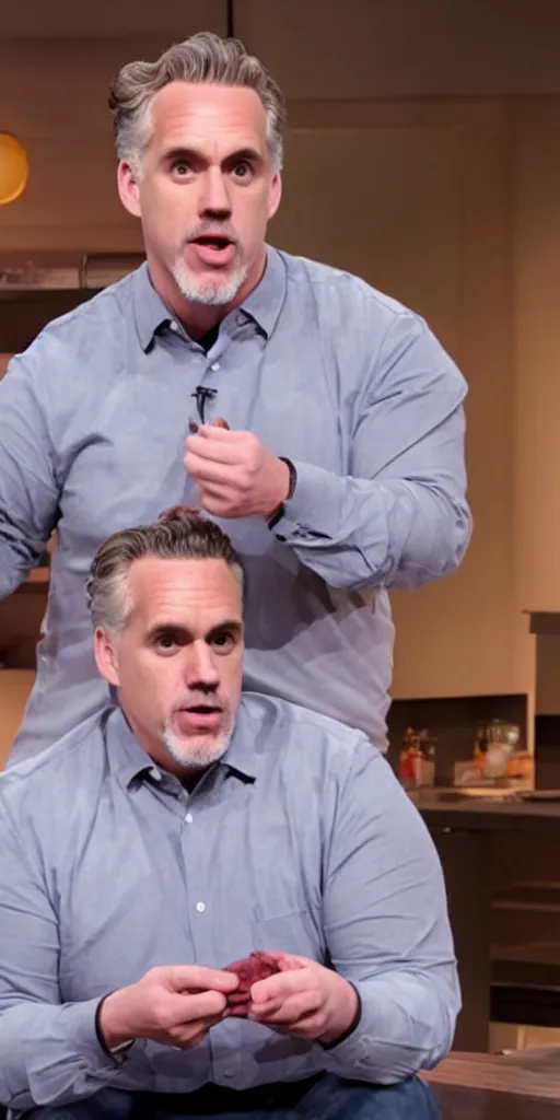 Prompt: Jordan Peterson weighs 700 pounds, who is bald, and eating raw meat, detailed dynamic lighting studio shot