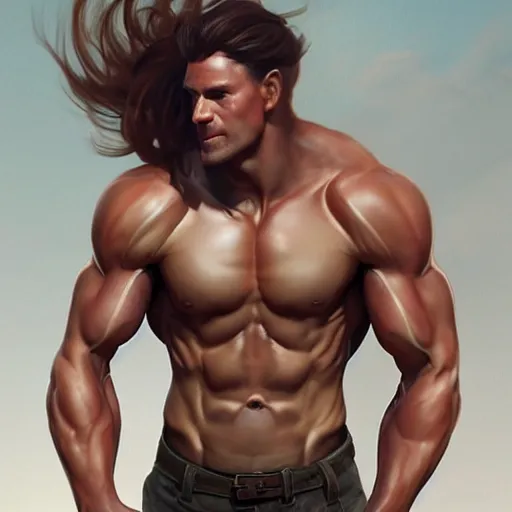 Prompt: a handsomely muscular man [ attaining lengthy brown hair ], portrait!!, digital art!!, 3 d modeling, posing!!, illustration, digital illustration, trending on cgsociety, [ conceptual art ]!!, [ rigidly defined abs ]!!, painted by greg rutkowski and gaston bussiere