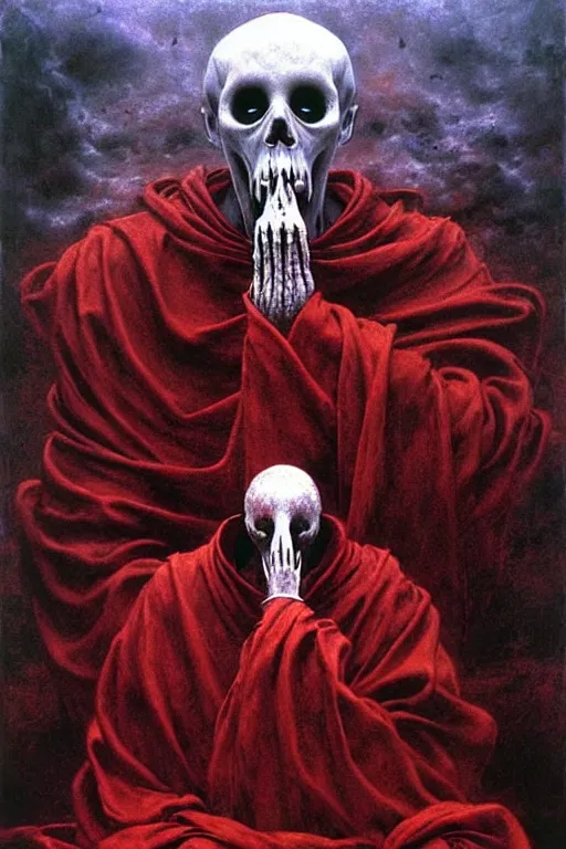 Prompt: a priest with no face, wearing red robes, ##sitting on a throne made of bones##, gothic horror, surrealism Amano, Karol Bak, Beksinski painting, part by Adrian Ghenie and Gerhard Richter, part by Takato Yamamoto. 8k masterpiece