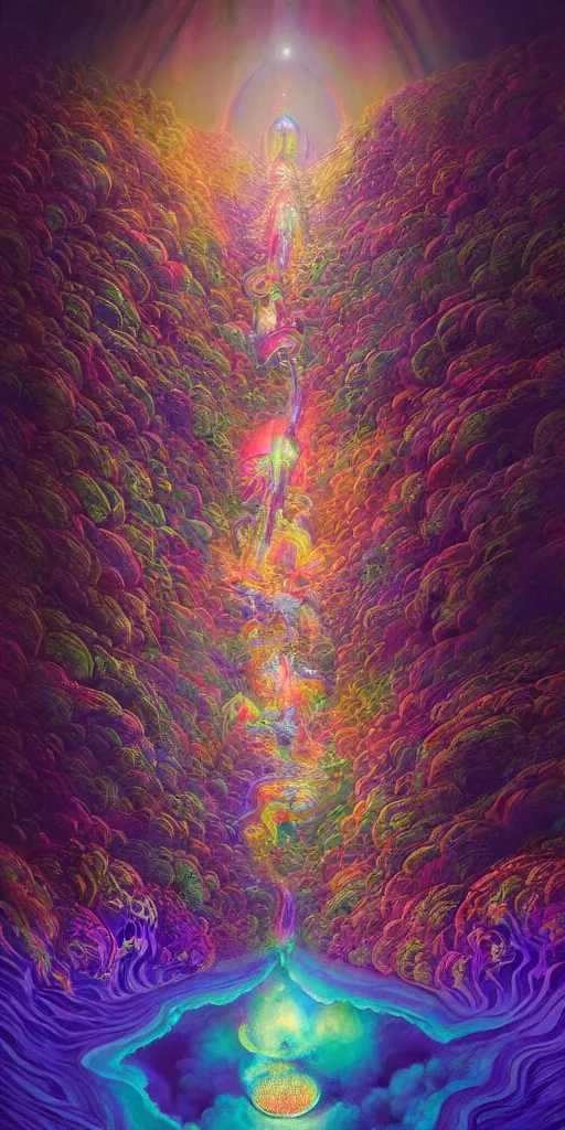 Image similar to An extremely psychedelic abstract illustration of gateway into celestial dreams, colorful, surreal, dramatic lighting, magic mushrooms, psilocybin, LSD, detailed, intricate, elegant, highly detailed, digital painting, artstation, concept art, smooth, sharp focus, illustration, art by Krenz Cushart, greg rutkowski and zdzislaw beksinski and alphonse mucha, unreal engine 5 render, 8k