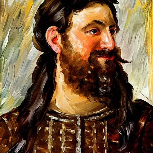 Image similar to portrait of a medieval nobleman with a long face, long brown hair and a closely - trimmed beard which is beginning to go grey. by leonid afremov