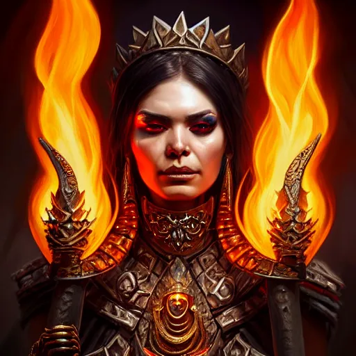 Image similar to Closeup of realistic Sumerian Death Queen with small bones covering vest and flowing fire and smoke , fantasy, intricate, elegant, highly detailed, digital painting, artstation, concept art, matte, sharp focus, illustration, hearthstone, art by Artgerm and Greg Rutkowski and peter mordenbacher