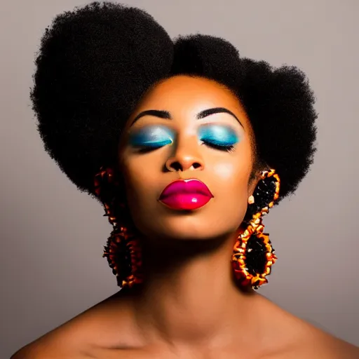 Image similar to pop art of an African American woman with an afro, with exquisite hollywood style makeup on, her eyes closed as the sun is rising behind her, studio photography, f/1.8 cinematic lens