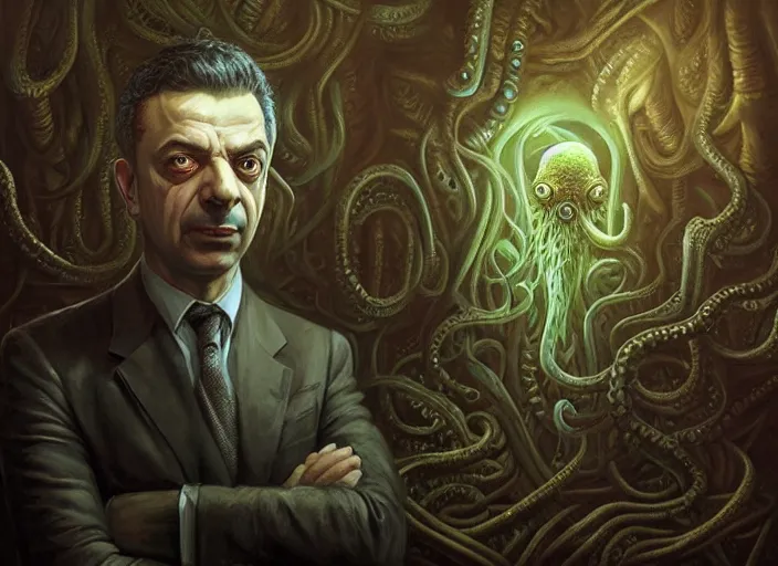 Image similar to lovecraft biopunk portrait of rowan sebastian atkinson, fractal background, anthropomorphic cthulhu behind him, by tomasz alen kopera and peter mohrbacher